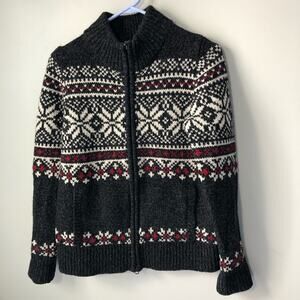 LL Bean Nordic Birds Eye lambswool full zip cardigan sweater womens XS 500397